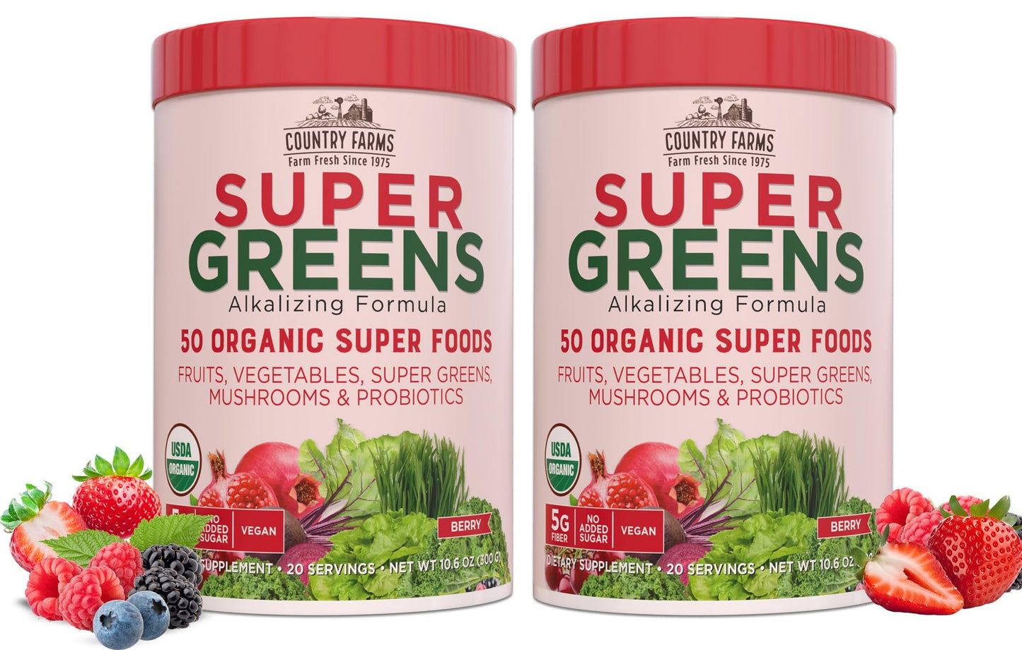 Country Farms Organic Super Greens Berry Flavor, 50 Organic Super Foods, Packed with Fiber, USDA Organic Drink Mix, Fruits, Vegetables, Mushrooms & Probiotics, Supports Energy, 5g Fiber