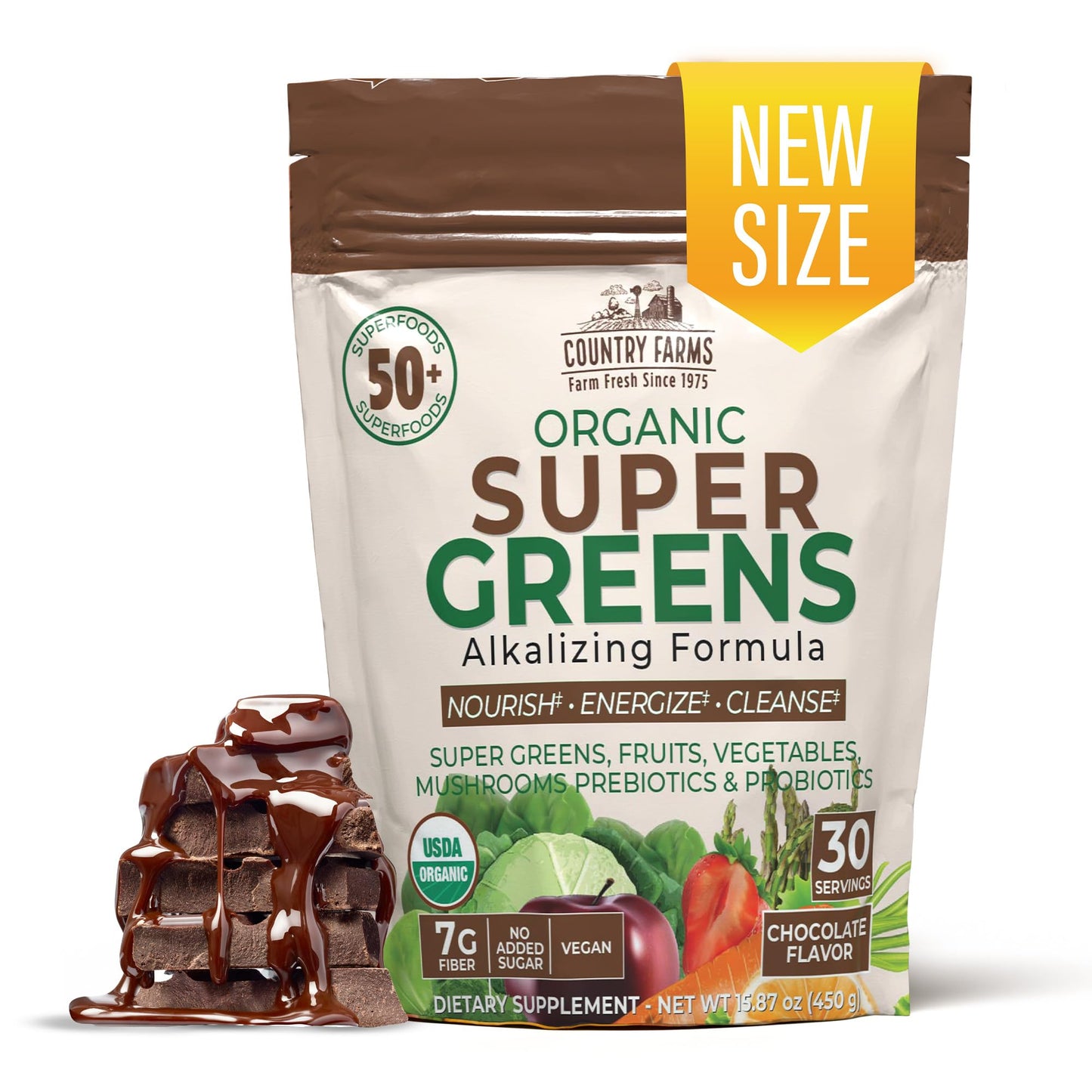 Country Farms Organic Super Greens Berry Flavor, 50 Organic Super Foods, Packed with Fiber, USDA Organic Drink Mix, Fruits, Vegetables, Mushrooms & Probiotics, Supports Energy, 5g Fiber