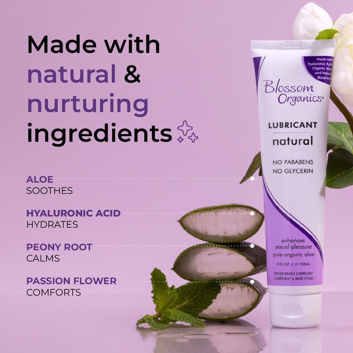 Blossom Lube Organics Personal Lubricant for Women 4 Fl Oz - pH Balanced, Non-Irritating, Water Based Personal Lubricant, Free of Harsh Ingredients, Toy Friendly
