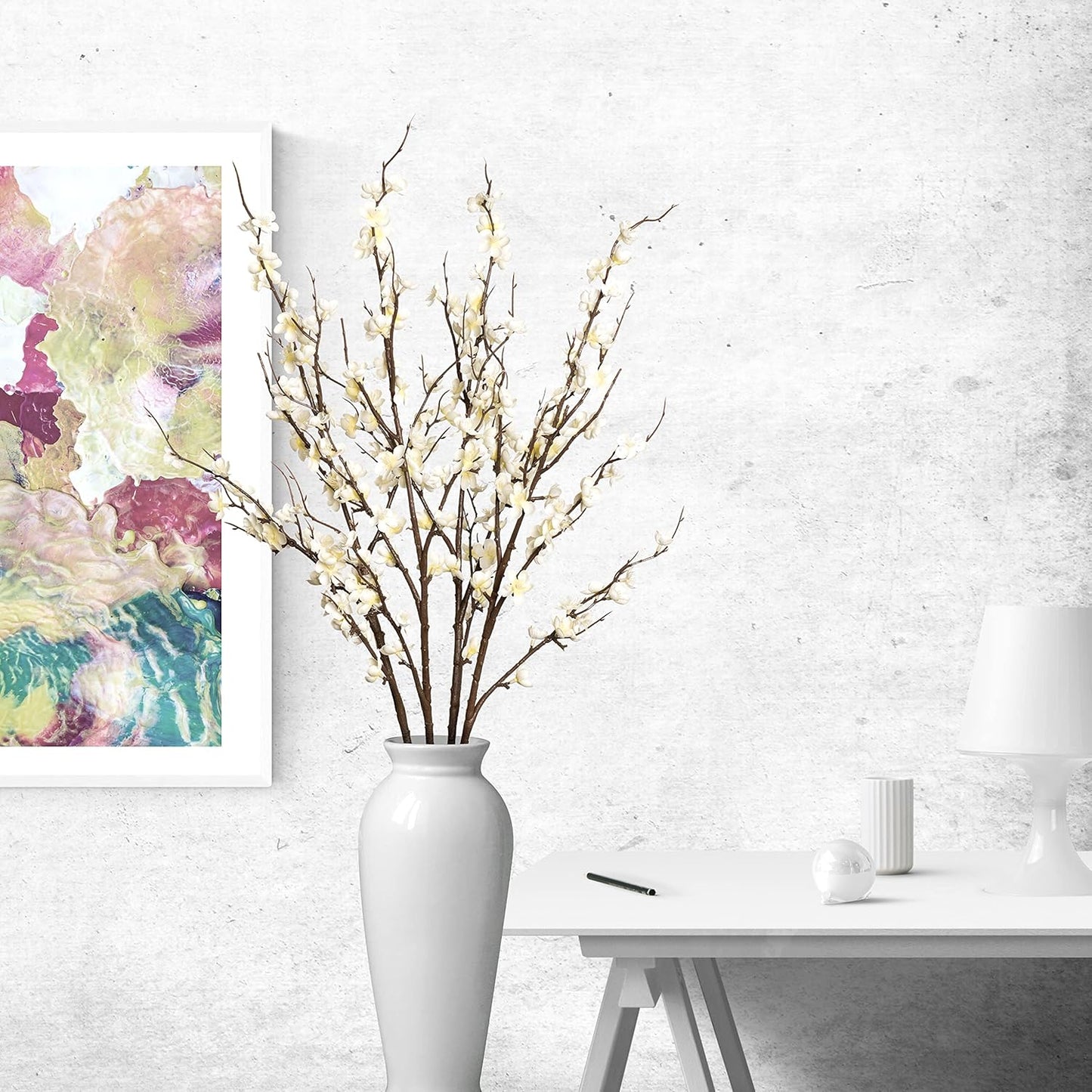 4Pcs Cherry Blossom Branches Artificial Flowers for Spring Summer Indoor Decoration,Faux Long Stem Artificial Flowers for Wedding Home Office Bedroom Party Table Centerpieces Decor(White)