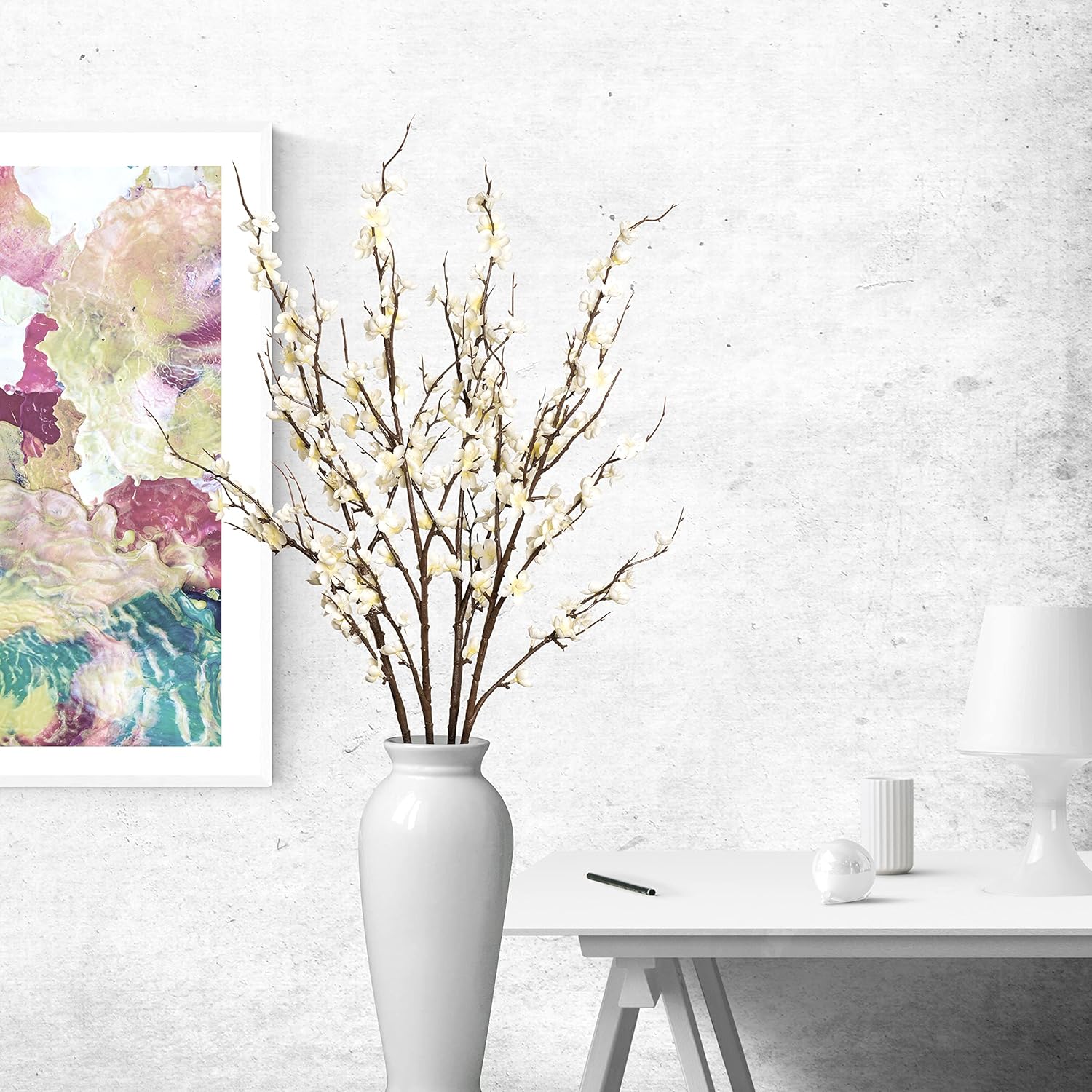 4Pcs Cherry Blossom Branches Artificial Flowers for Spring Summer Indoor Decoration,Faux Long Stem Artificial Flowers for Wedding Home Office Bedroom Party Table Centerpieces Decor(White)